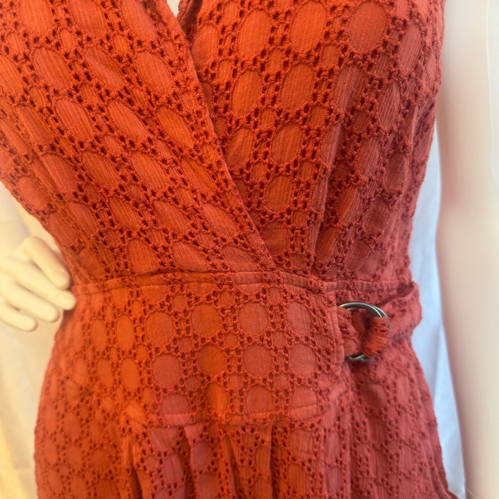 Anthropologie Elm Burnt Rust Orange Lacy Eyelet Sleeveless Collared Midi Dress - Picture 6 of 14